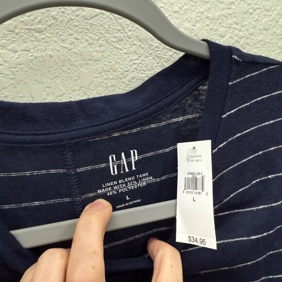 Gap Navy Blue White Stripe Linen Blend Sleeveless Tank Top Shirt Women Large NEW - Picture 2 of 8